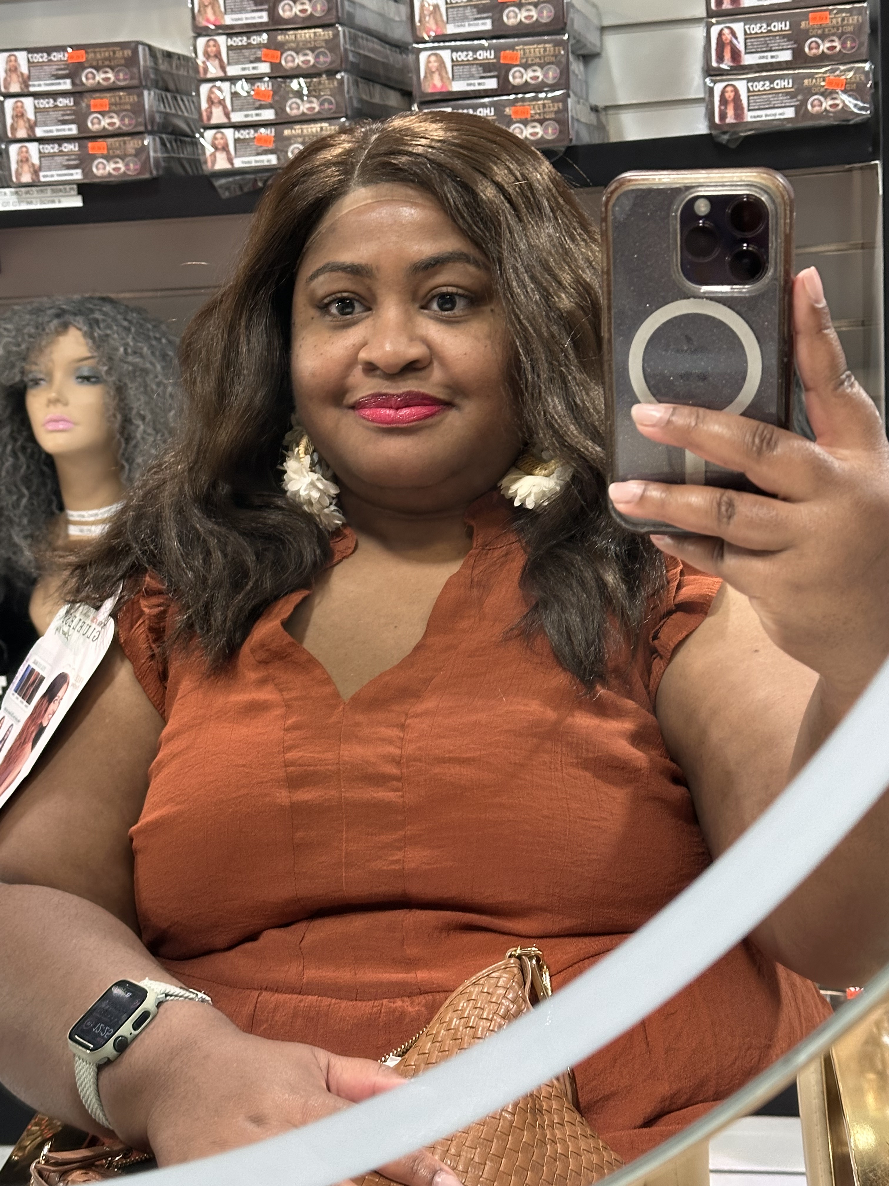 author wearing a brown wig